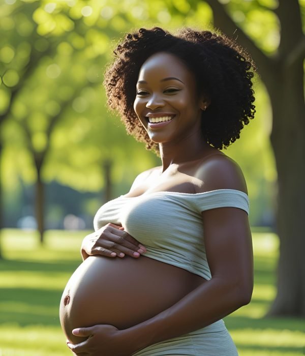 A black pregnant woman smiling